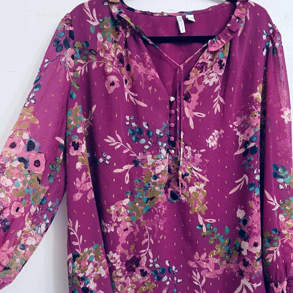 Women's Floral Tie-Neck Blouse in Plum Purple - Picture 1 of 6